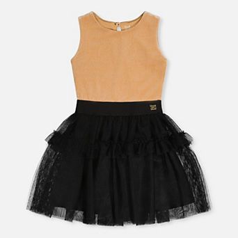 Little Kids Girl Bi-Material Sleeveless Tiered Mesh Ruffle Dress