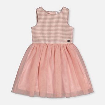 Little Kids Girl Bi-Material Sleeveless Houndstooth Print Mesh Skirt Dress