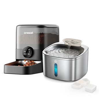 Oneisall Pet Feeding Combo : 3L Automatic Pet Feeder and 3.5L Stainless Steel Cat Water Fountain