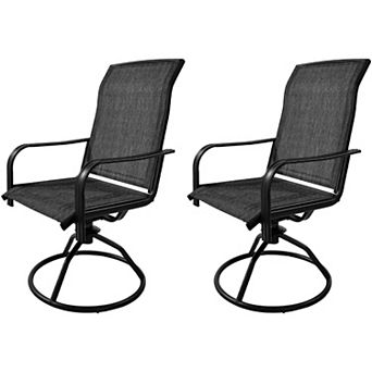 PATIOEASY 2 pc Swivel Chair Set Black Iron Frame Swivel Dining Chair with Tan Sling Seat