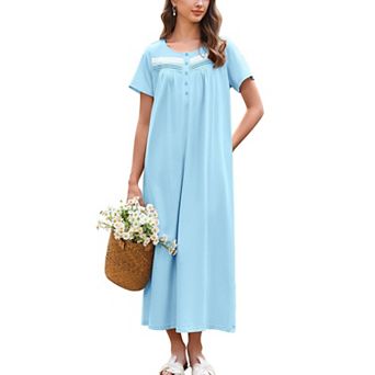 Ekouaer Nightgown for Women Cotton Long Night Gown Short Sleeve Nightdress with Pockets Button
