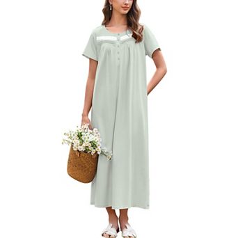 Ekouaer Nightgown for Women Cotton Long Night Gown Short Sleeve Nightdress with Pockets Button