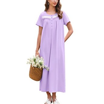 Ekouaer Nightgown for Women Cotton Long Night Gown Short Sleeve Nightdress with Pockets Button