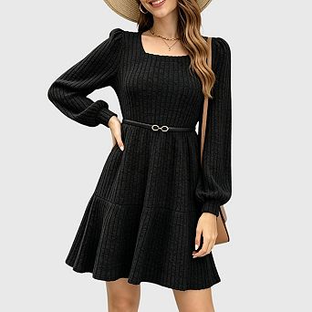 Womens Sweater Dress Casual Fall Square Neck Long Sleeve a Line Ribbed Babydoll Dress