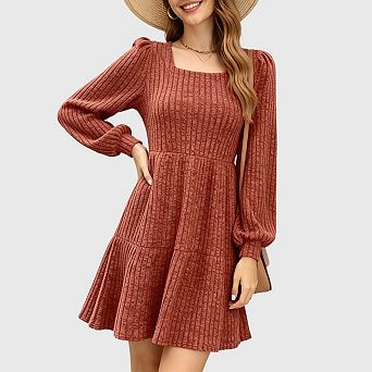 Womens Sweater Dress Casual Fall Square Neck Long Sleeve a Line Ribbed Babydoll Dress
