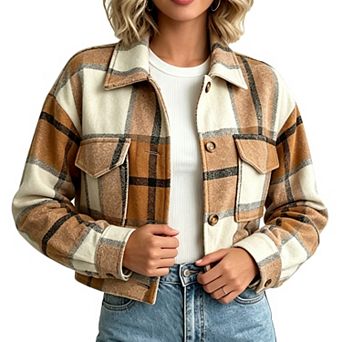 Women's Cropped Plaid Shacket Button Front Flannel Jacket Fall Outwear