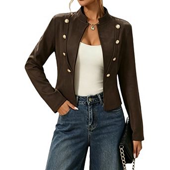 Women's Faux Suede Cropped Jacket Stand Collar Vintage Button Outwear