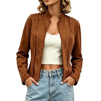 Women's Faux Suede Cropped Jacket Stand Collar Zip Up Casual Outwear