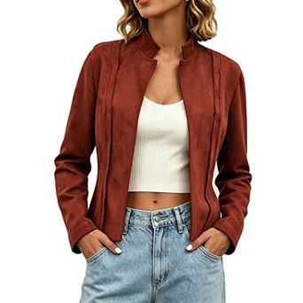 Women's Faux Suede Cropped Jacket Stand Collar Zip Up Casual Outwear