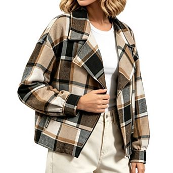Women's Cropped Plaid Jacket Wool Blend Fall Shacket with Pockets