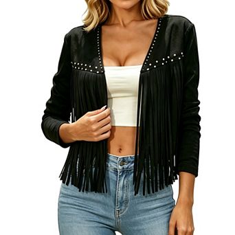 Women's Fringe Jacket Faux Suede Western Cropped Boho Outwear