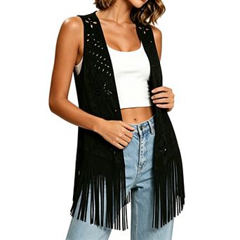 Women's Fringe Vest Faux Suede Hollow Out Boho Sleeveless Tassel Outwear