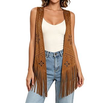 Women's Fringe Vest Faux Suede Hollow Out Boho Sleeveless Tassel Outwear