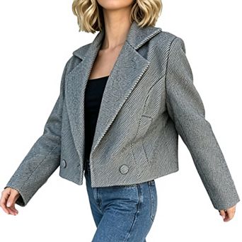Women's Cropped Wool Blend Jacket Notched Lapel Double Button Fall