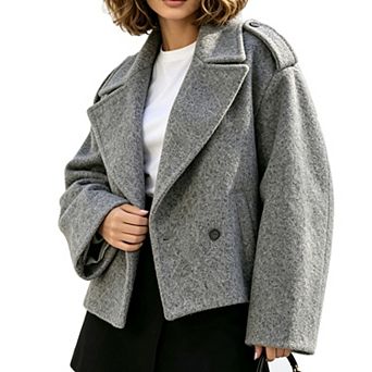 Women's Cropped Wool Blend Coat Double Breasted Notched Lapel Fall Jacket