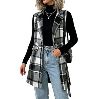 Women's Plaid Vest Coat Open Front Belted Sleeveless Layering Jacket