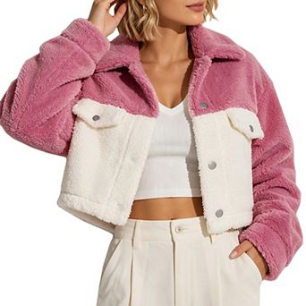 Women's Cropped Sherpa Jacket Color Block Fuzzy Fleece Winter Outwear