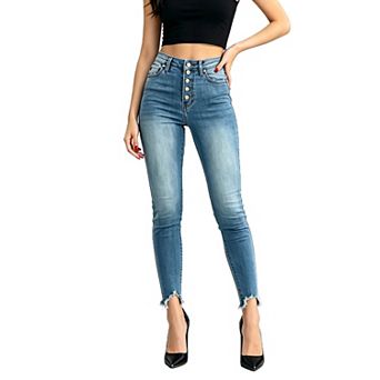 Women High Waist Button Stretch Skinny Cropped Jeans Raw Hem Denim Ankle Pants