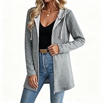 Women Zip Up Hooded Jacket Cable Knit Patchwork Long Sleeve Mid-Length Casual Drawstring Hood Jacket