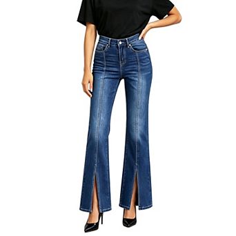 Women High Waist Front Split Jeans Slim Fit Stretch Denim Long Pants