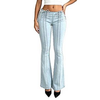 Women Low Waist Drawstring Front Stretch Jeans Slim Fit Denim Bell Bottom Pants