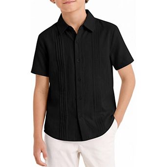 FUNJULY Boys Guayabera Short Sleeve Button Down Shirt Linen Shirt School Uniform Top