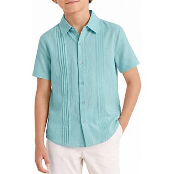 FUNJULY Boys Guayabera Short Sleeve Button Down Shirt Linen Shirt School Uniform Top