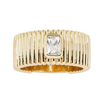 City Luxe Brass Gold Tone Cubic Zirconia Ribbed Band Ring