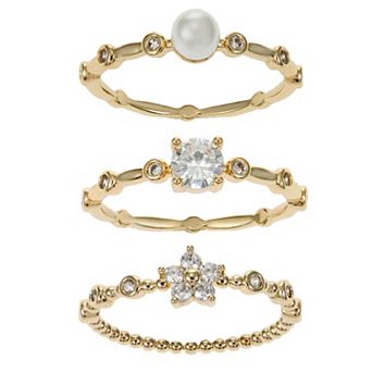 City Luxe Gold Tone Cubic Zirconia & Simulated Pearl 3 pc Stackable Ring Set