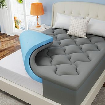 Twin Dual Layer 4 in Memory Foam Topper Cooling Gel Pillow Top Grey Deep Pocket