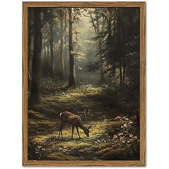 Framed Vintage Forest Deer Canvas Wall Art, Rustic Woodland Nature Print
