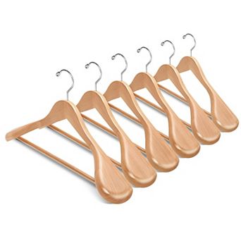 6 Pack Wide Shoulder Solid Wood Suit Hangers Non Slip Pants Bar