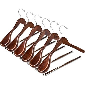 6 Pack Wooden Suit Hangers Wide Shoulder 360 Swivel Non Slip Pant Bar