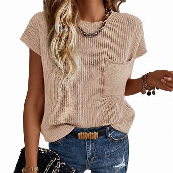 Womens Cap Sleeve Ribbed Knit Loose Fit Casual Tops For Spring Summer Fall