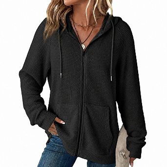 Women's Waffle Knit Zip Up Hoodies Oversized Long Sleeve Fall Sweatshirts With Pockets