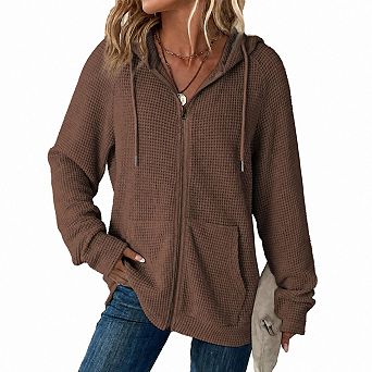 Women's Waffle Knit Zip Up Hoodies Oversized Long Sleeve Fall Sweatshirts With Pockets