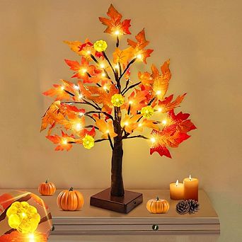 Prelit Fall Maple Tree with Pumpkin LED Lights and Timer, Battery Operated