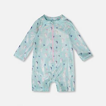 Baby Girl Toddler One-Piece Long Sleeve Rashguard Seahorse Print