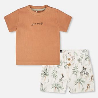 Baby Boy Cotton Rib Jersey T-Shirt and Organic Cotton Jersey Short Set Caramel and Zebra Print