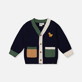 Little Kids Boy Button Front Knit Cardigan with Dino Embroidery and Colorblock Pockets