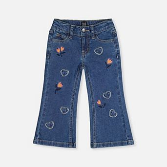 Little Kids Girl Heart Appliqué & Floral Embroidered Boot Leg Denim Jeans