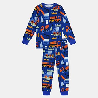 Little Kids Boy Organic Cotton Truck Two Piece Pajama Set with Raglan Sleeve Top and Waist Pants