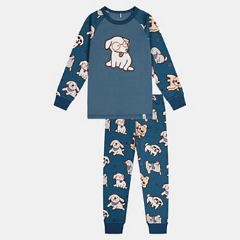 Little Kids Boy Organic Cotton Dog Print Two Piece Pajama Set with Raglan Sleeve Top and Waist Pants