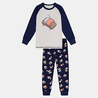 Little Kids Boy Organic Cotton Sushi Two Piece Pajama Set with Raglan Sleeve Top and Waist Pants