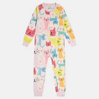 Big Kids Girl Organic Cotton Cat Print Front Zip Long Sleeve One Piece Pajama