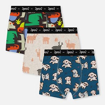 Little Kids Boy Elk, Dog and Dinosaur Print Boxer Pack of 3 with Elastic Waistbands