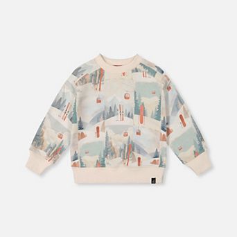 Little Kids Boy Fleece Ribbed Crewneck Ski Print Sweatshirt