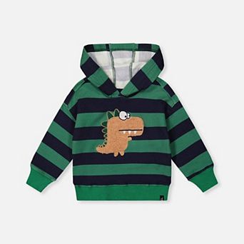 Big Kids Boy Striped Fleece Hoodie with Dino Appliqué