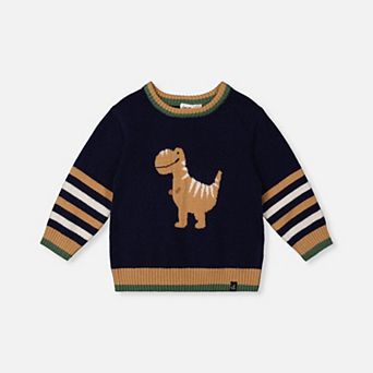 Big Kids Boy Knit Crewneck Sweater with Dino Intarsia and Striped Ribbed Trim