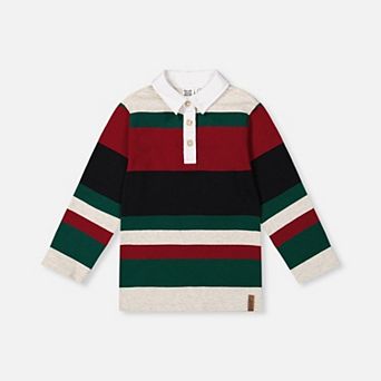 Big Kids Boy Long Sleeve Striped Polo Top with Button Placket